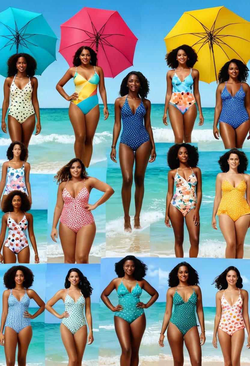 A vibrant collage of various swimwear styles displayed on models of diverse body types on a beach, each suit conveying a distinct mood—playful polka dots, elegant solid colors, bold tropical patterns, and ethereal pastel designs. The background shows a sunny beach setting with colorful beach umbrellas and waves reflecting light, each suit incorporating elements like textures and patterns that symbolize joy, confidence, and relaxation. super-realistic. vibrant colors. sunny beach backdrop.